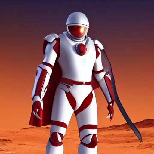 Image similar to portrait of a tall athletic muscular infantry man in glossy sleek white armor with tiny red details and a long red cape, heroic posture, on the surface of mars, night time, dramatic lighting, cinematic, sci-fi, hyperrealistic, movie still