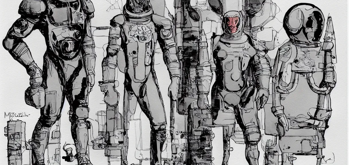 Image similar to male, full body, space suit with a modern helmet, large shoulders, short torso, long thin legs, tiny feet, character sheet, science fiction, very stylized character design, pen and ink, digital painting, watercolor wash, by mike mignola, by alex maleev, jean giraud