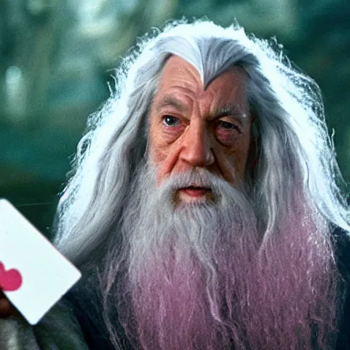 Image similar to portrait of gandalf wearing a large pink hair bow, holding a blank playing card up to the camera, movie still from the lord of the rings