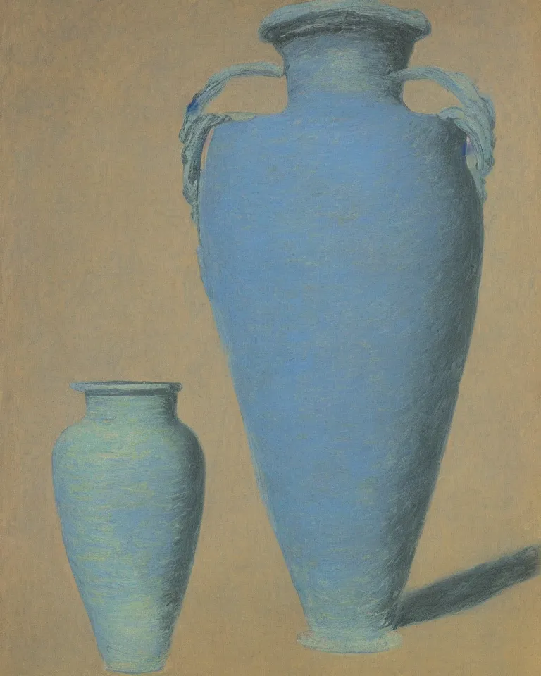 Image similar to print featuring painted ancient greek vase on baby blue background by rene magritte, monet, and turner.