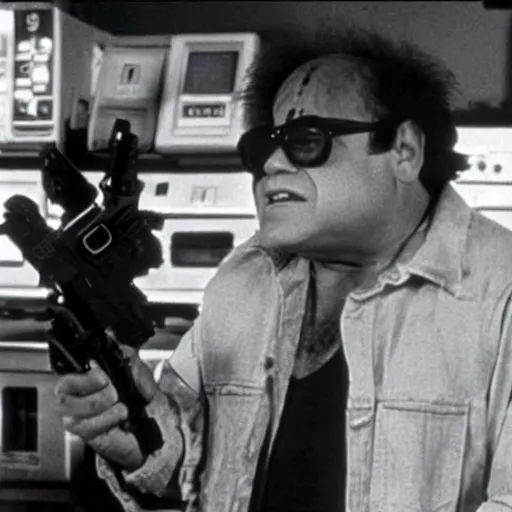 Image similar to a screenshot of Danny Devito playing The Terminator (1980s)