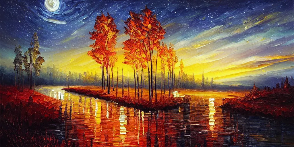 Prompt: nighttime nature landscape, oil painting, ultra realistic, highly detailed, hd, sharp focus, cinematic lighting, warm colors, realistic, photorealistic, vivid colors, painting, non blurry, sharp, smooth, illustration