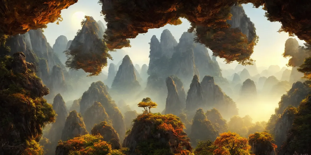 Prompt: huangshan with floating stones in zero gravity, without trees, karst pillars forest, taoist temples and monks, artwork by ansel adams, andreas rocha, artstation, scifi, hd, wide angle, view on the valley from inside a dark grotto, autumnal, sunset