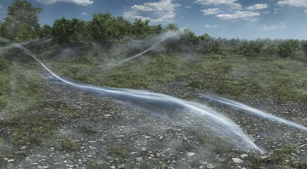 Prompt: Big drops of water flying upwards from a dried up river into a cloudless blue sky, hyper detailed photorealistic