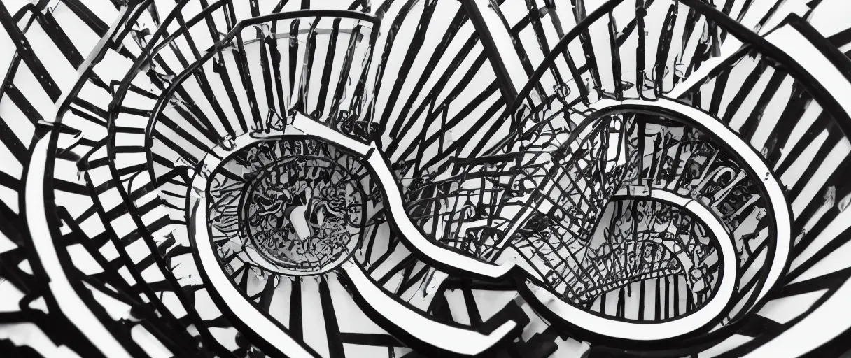 Prompt: an endless spiral staircase, black and white, by Keith Harring