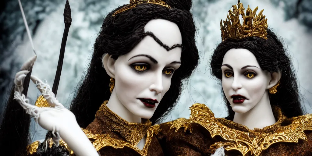 Image similar to photo taken of an epic intricate, ultra detailed, super realistic stop motion puppet of a majestic gracious regal aristocratic brunette female vampire and gothic filmset created by weta workshop, menacing, wide angle, full body shots, photorealistic, sharp focus, white wall, extremely cold blueish colour temperature, 3 5 mm, f 1. 4, golden ratio