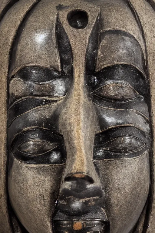 Prompt: a beautiful closed up with bokeh, of a beautiful crafted and rendered, abstract, black, grey porcelain sculpture, that is turning and twisting itself inside, rotated, there is almost a face i there, Egypt, African, mask, hyperrealistic and high details and minimalistic ornaments