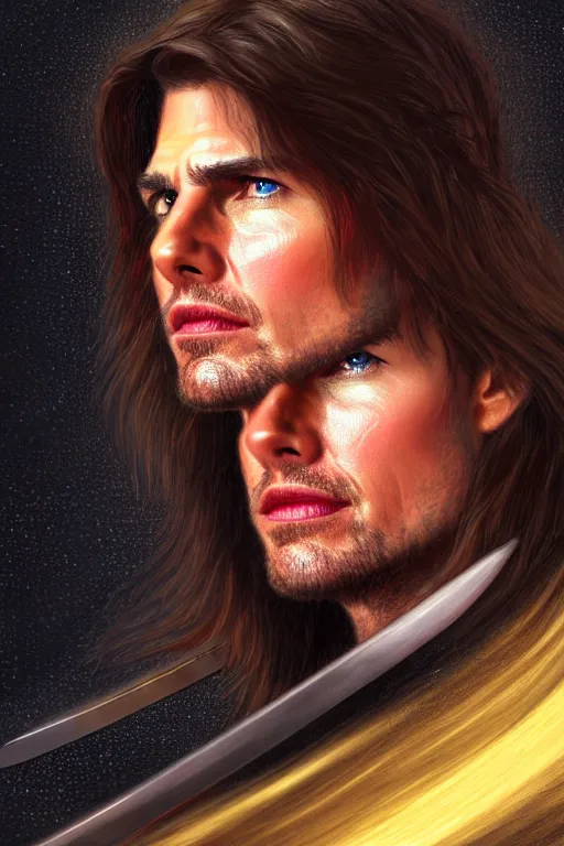 Image similar to Portrait of a tom cruise as a swordsman with long hair, elegant, photorealistic, highly detailed, artstation, smooth, sharp focus, gold ornaments, neon lighting, sci-fi, art by Klimt