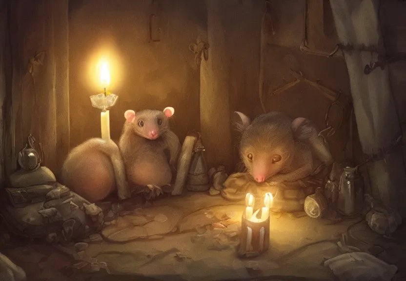 Image similar to cute possum in its pajamas sleeping in a bed in a medieval cluttered cottage at night under the dim light of a candle, dark fantasy, dreaming illusion, trending on artstation