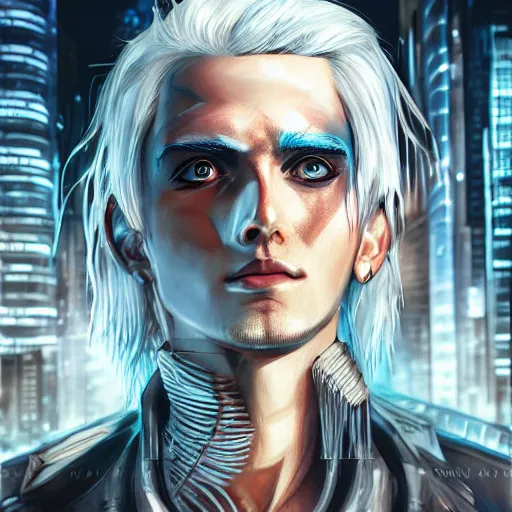 Image similar to boy with white hair in a cyberpunk world, and mechanical buildings, artstation, digital art, highly detailed, intricate, unreal engine, fine detail, smooth, sharp focus, detailed face