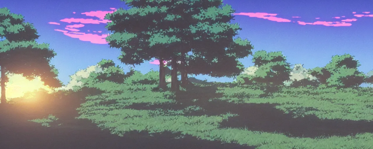 Prompt: An aesthetic still frame from an 90's anime, small countryside landscape, sunset, Studio Ghibili, cinematic-H 768