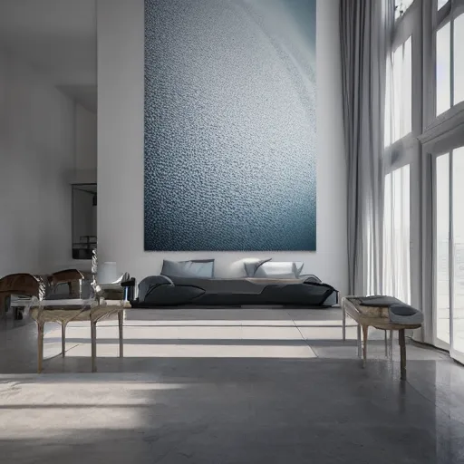 Prompt: villa architecture fluid design, chantal matar well-defined style, monochromatic, natural lighting, volumetric lighting, generative art nebula, cinematic, photo realistic, hyper real, surreal design, flow everywhere, walls made of crystal clear water, droplets on the walls, 8k