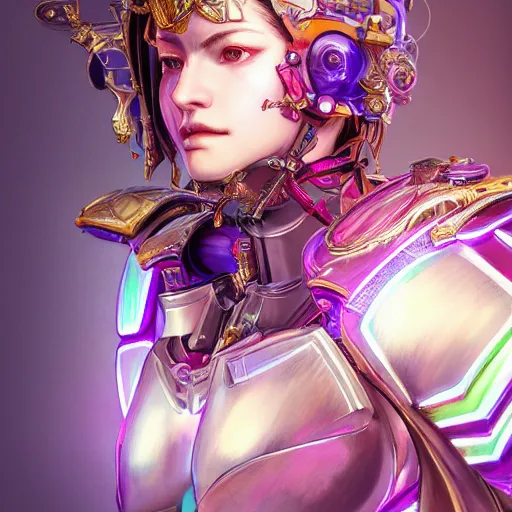 Image similar to studio portrait of lawful good colorful female holy mecha paladin absurdly beautiful, elegant, young sensual graceful woman, ultrafine hyperrealistic detailed face illustration by kim jung gi, irakli nadar, intricate linework, sharp focus, bright colors, matte, octopath traveler, final fantasy, unreal engine highly rendered, global illumination, radiant light, intricate environment