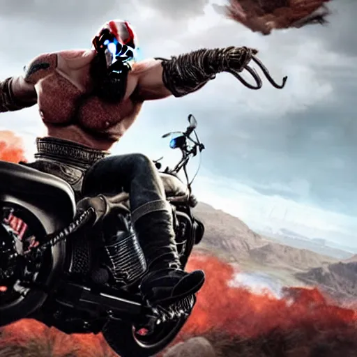 Image similar to kratos jumping a black harley - davidson motorcycle off a cliff, cinematic render, playstation studios official media, god of war 2 0 1 8, flames, centered