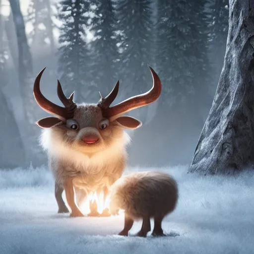 Image similar to ultrarealistic creature fluffy animal with horns and short legs and arms and red eyes, forest scene, octane render, highly detailed, cinematic lightning, epic fantasy style art