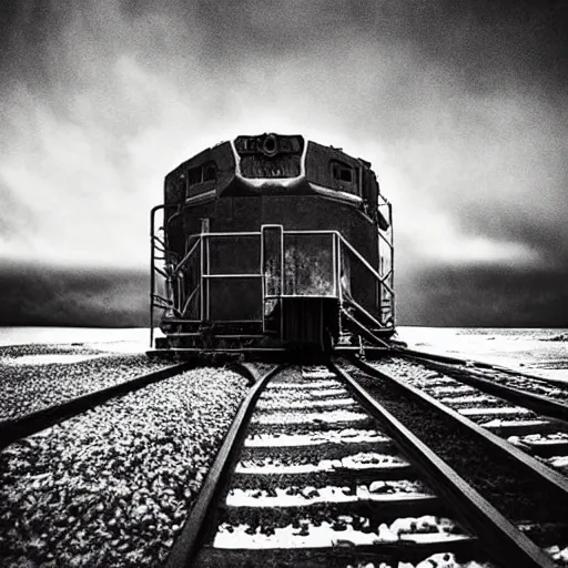 Image similar to “8k photograph of a train at the end of the world. Apocalyptic. National Geographic. Realistic.”