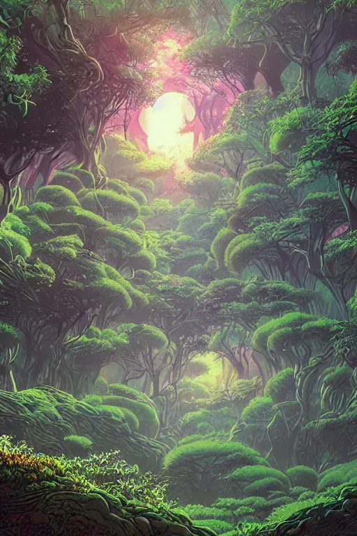 Prompt: concept art painting of an alien world with sentient forests, artgerm, moebius, inio asano, toon shading, cel shading, calm, tranquil, vaporwave colors,