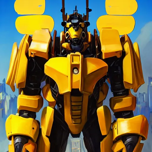 Image similar to greg manchess portrait painting of bumblebee the transformer as overwatch character, medium shot, asymmetrical, profile picture, organic painting, sunny day, matte painting, bold shapes, hard edges, street art, trending on artstation, by huang guangjian, gil elvgren, ruan jia, greg rutkowski, gaston bussiere