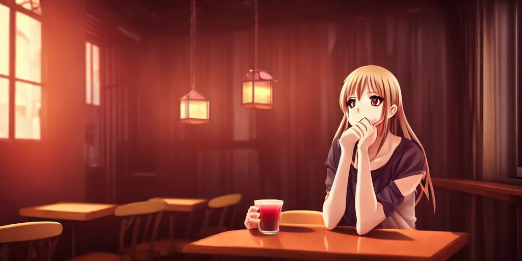 Prompt: anime girl sitting and drinking in a cozy bar, 4, volumetric lighting, symmetrical face, detailed face, hyper real, pencil art, moody lighting, cute, comfy