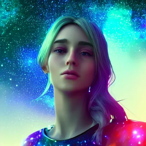 Image similar to beautiful girl galaxy background, portrait character concept style trending on artstation concept art detailed octane render cinematic photo - realistic 8 k high detailed