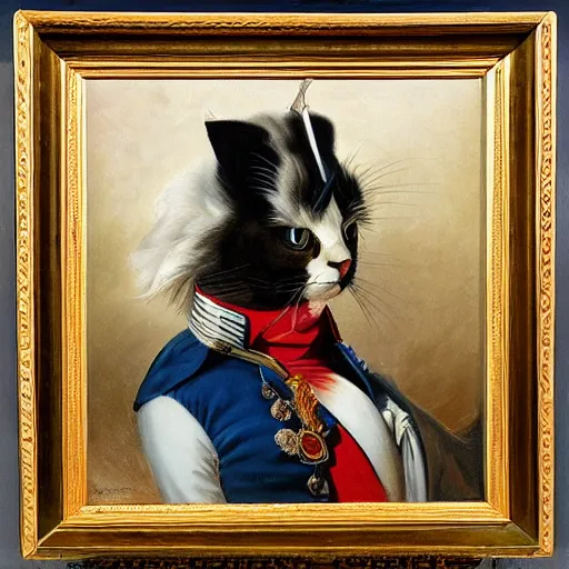 Image similar to a oil painting of a cat dressed as Napoleon