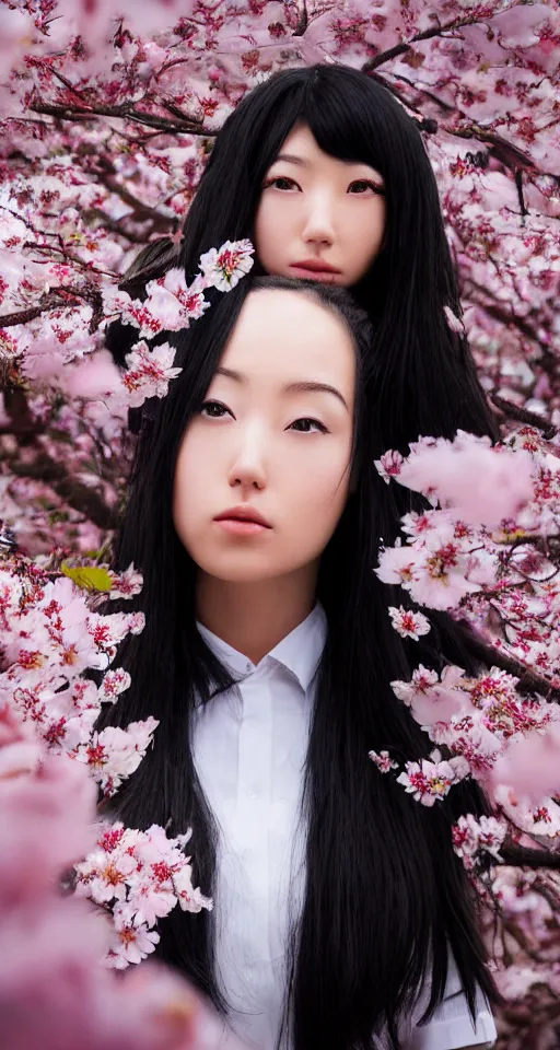 Image similar to a beautiful detailed hyperrealistic render of an attractive japanese female with long black hair covering part of her face and wearing a seifuku, standing next to a beautiful cherry blossom tree, centered, trending on gettyimages and 5 0 0 px, extreme detailing, dim dusk lighting, cinematic lighting, detailed lighting, volumetric lighting, realistic, f 8, 4 k hd wallpaper