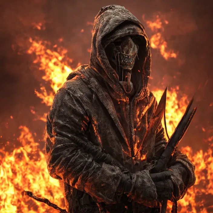 Prompt: gritty apocalyptic hooded man smiling with burning heart in chest, octane render, 4 k ultra hd, hyper - detailed, seedy lighting, sharp focus, fantasy dark art