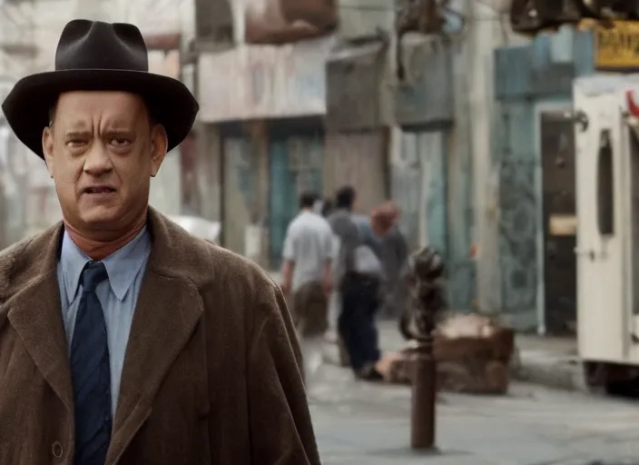 Image similar to film still of Tom Hanks roaming the dirty streets in the new Deathwish, 4k