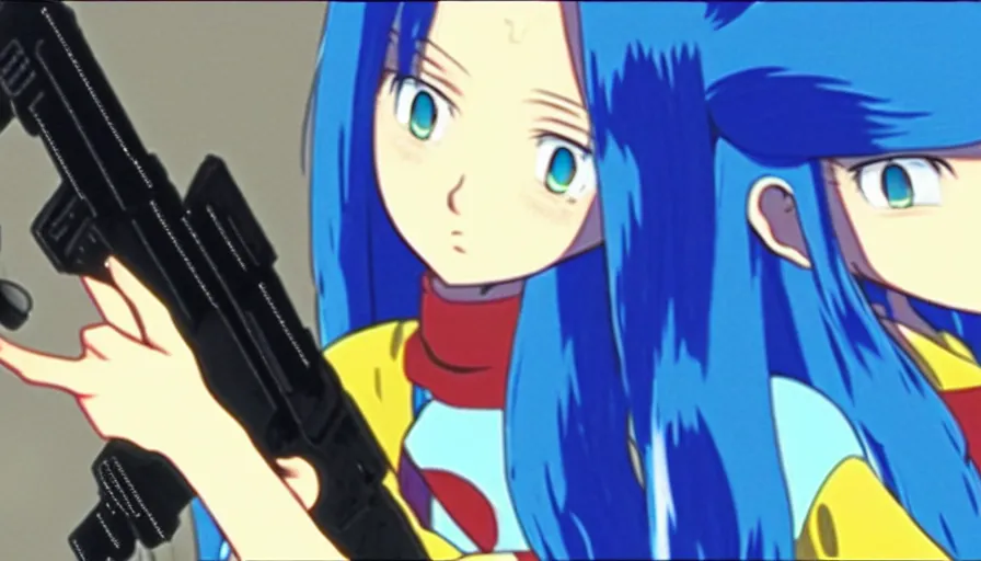 Image similar to 8 k screencap of a blue - haired girl with a gun on a favela anime, by hayao miyazaki, studio ghibli, extremely high quality artwork