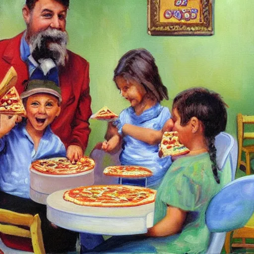 Prompt: a painting of chuck-e-cheese with kids eating pizza by monet