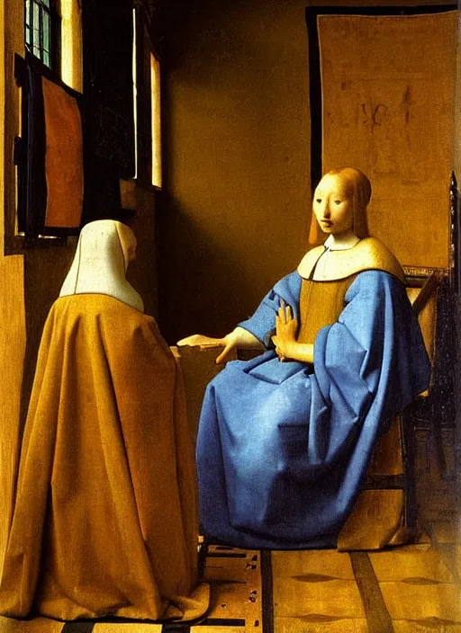 Prompt: artist painting, medieval painting by jan van eyck, johannes vermeer, florence