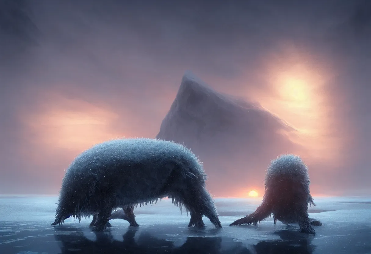 Image similar to strange sea animal emerging from surface of another frozen winter planet at sunset, ultra high definition, ultra detailed, symmetry, fog, matte painting, by greg rutkowski and ross tran and wlop