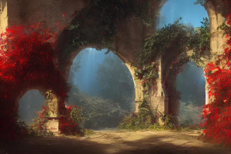 Prompt: broken arches leading to the pillars of eternity draped with red flowers and vines, blue sky, lens flare, a sense of mystery, cinematic, ultra detailed, intricate, sharp focus, trending on artstation, cartoon illustration by Greg Rutkowski, 8K