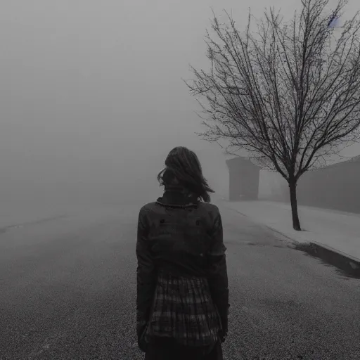 Prompt: girl in a creepy town covered in heavy fog and monsters