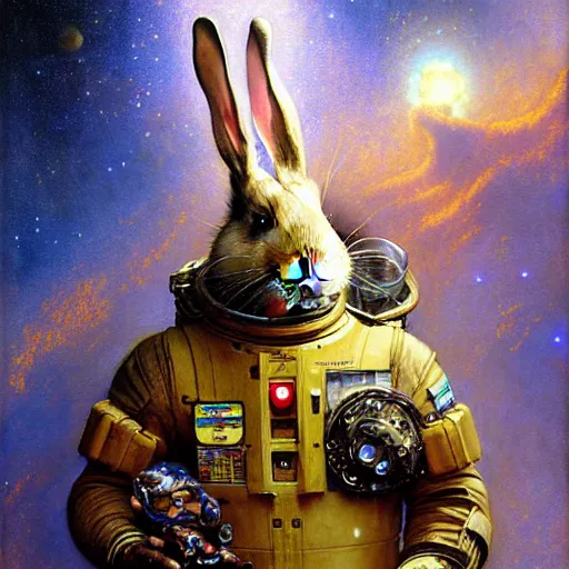 Image similar to portrait of a bunny rabbit rodent wearing a space suit. shadowrun furaffiniy cyberpunk fantasy highly detailed painting by gaston bussiere craig mullins jc leyendecker gustav klimt artgerm greg rutkowski john berkey, bergey, craig mullins, ruan jia, raymond swanland, jeremy mann, tom lovell, alex malveda