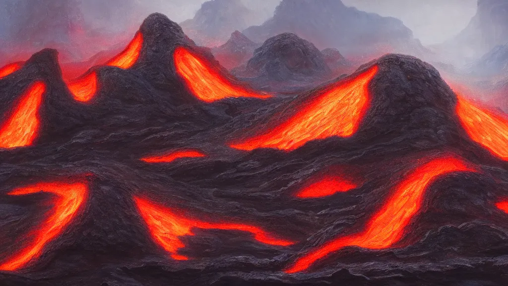 Image similar to Trending on artstation, beautiful volcanic lava landscape, detailed matte painting, oil on canvas