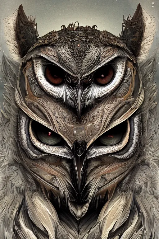 Image similar to humanoid figure owl faced monster, symmetrical, highly detailed, digital art, sharp focus, amber eyes, moss, trending on art station