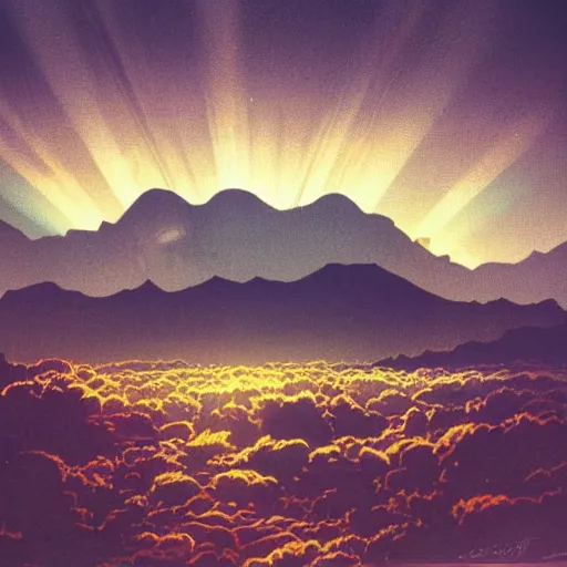 Image similar to mountains of light under a bright cloudy sky, overexposed retro science fiction vintage art