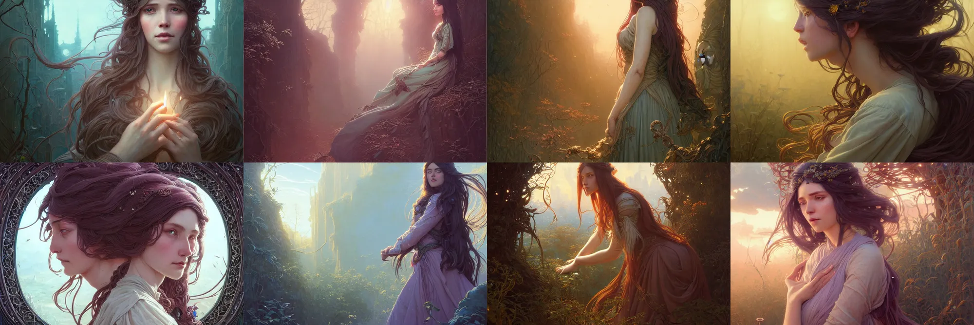 Image similar to highly detailed portrait of a woman with long hairs, stephen bliss, unreal engine, fantasy art by greg rutkowski, art nouveau, loish, rhads, ferdinand knab, makoto shinkai and lois van baarle, ilya kuvshinov, rossdraws, tom bagshaw, alphonse mucha, global illumination, radiant light, detailed and intricate environment