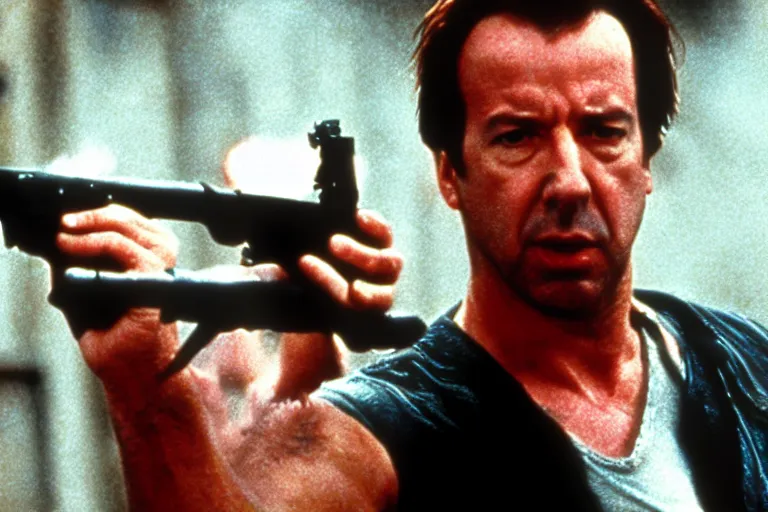 Image similar to film still of Alan Rickman as John McClane in Die Hard 1988