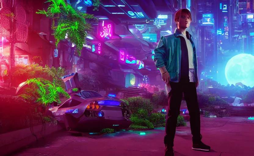 Prompt: portrait of Marty McFly in a cyberpunk neo-tokyo city, beautiful trippy moon, artstation hq, unreal engine, bright glowing colorful crystals, lush ferns, glowing moss, digital art, high quality