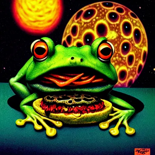 Prompt: a creepy frog eating cheeseburger in front of massive black hole in space, by by otto dix, junji ito, hr ginger, jan svankmeyer, beksinski, claymation, hyperrealistic aesthetic, masterpiece