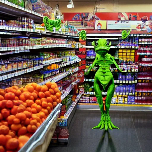 Image similar to mid shot of an alien buying groceries at the store shot by amanda carlson and alex strelkovv, professional photo, masterpiece, very detailed, hyper - realistic, cinematic, 4 k