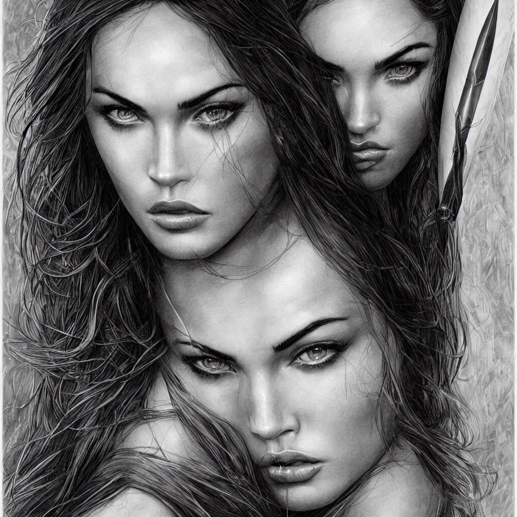 Image similar to portrait of beautiful megan fox as greek goddess aphrodite, archer, arrow on the head, beautiful piercing eyes, flowing blonde hair, realistic face, black and white drawing, in the style of greg rutkowski, fantasy, amazing detail, epic, intricate, elegant, smooth, sharp focus