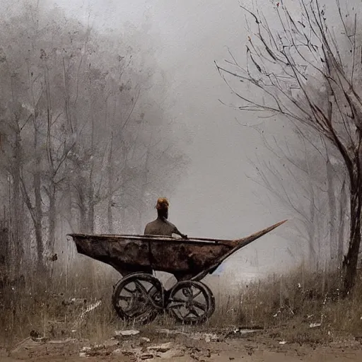 Prompt: painting by jakub rozalski of a person walking with a wheelbarrow in an abandoned post soviet town infested with root monsters