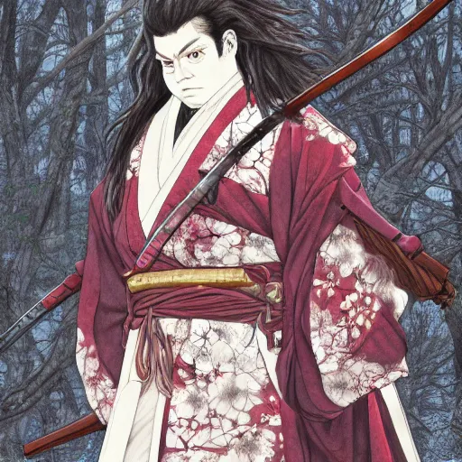 Image similar to detailed portrait of hagrid samurai with swords and steampunk rifles, in snow forest sakura cherry blossom, hakama kimono, trending on artstation elite, elegant, luxury, by krenz cushart, junji ito, takato yamamoto, perfect face, fine details, realistic shaded, fine - face, pretty face