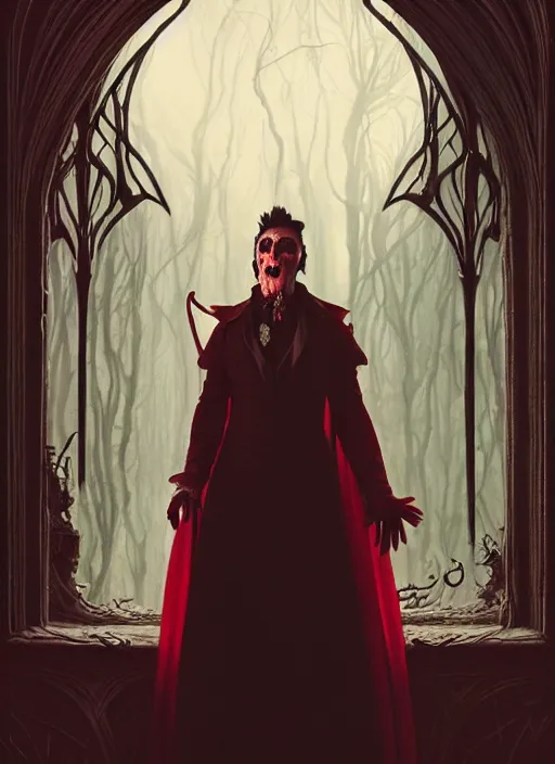 Image similar to beautiful, jim carrey as a vampire, extreme blood, vampire fangs, medieval dress. witch, makeup. unreal engine, greg rutkowski, loish, rhads, beeple, tom bagshaw, alphonse mucha, global illumination, detailed and intricate environment