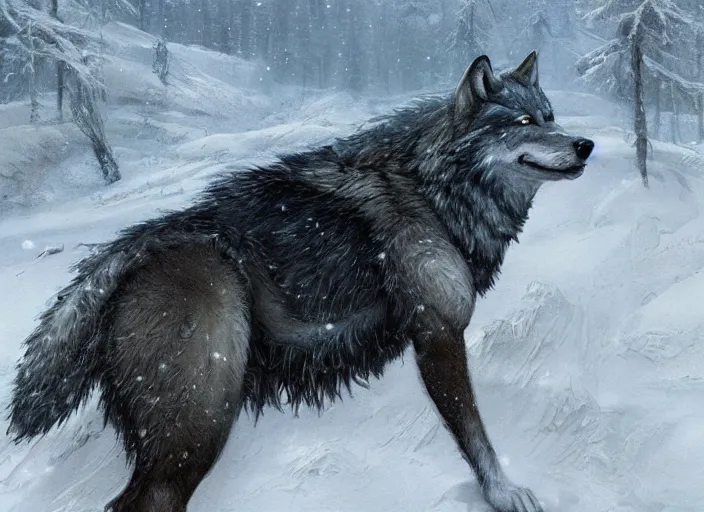 Image similar to Wolf in a snowfield , a fantasy digital painting by Greg Rutkowski and James Gurney, trending on Artstation, highly detailed