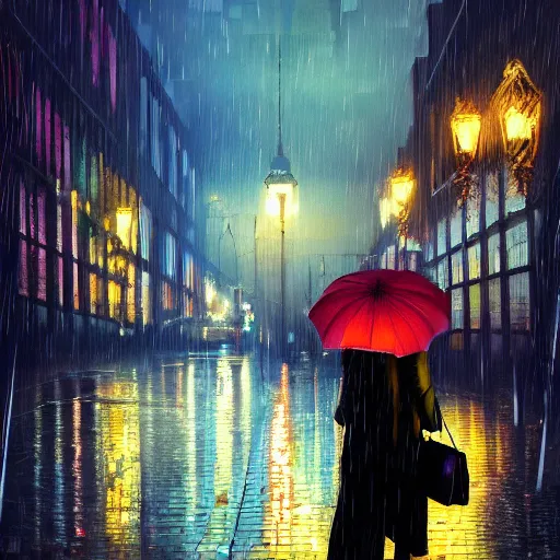 Prompt: of london city at night in the rain lots of reflections and a beautiful woman with umbrella in the style of disco elysium, expressionism, artstation, trending, by aleksander rostov, jenny saville, rembrandt, alex kanevsky, wassily kandinsky, dave mckean, yoshitaka amano
