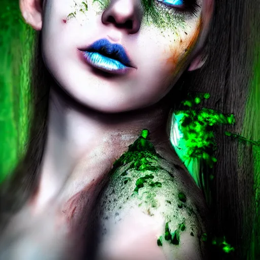 Prompt: photorealistic portrait of beautiful zombie girl, black hair, blue eyes, smooth face, perfect eyes, half body shot, elegant, realistic, glowing skin, detailed face, green colours, sharp focus